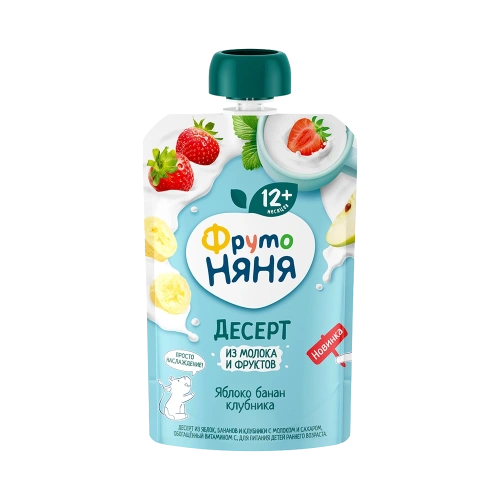 Дет пит Фрутоняня Десерт яблочно-банановый с клубникой с 7 мес 90г дой-пак; 12